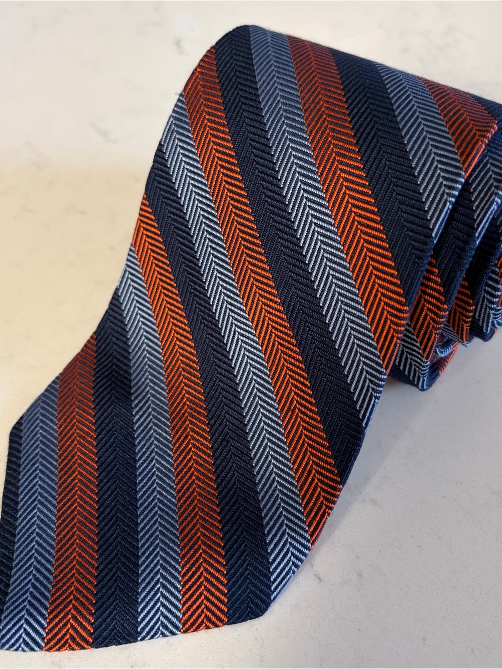 Brooks Brothers Navy, Orange & Light Blue Striped Silk Tie